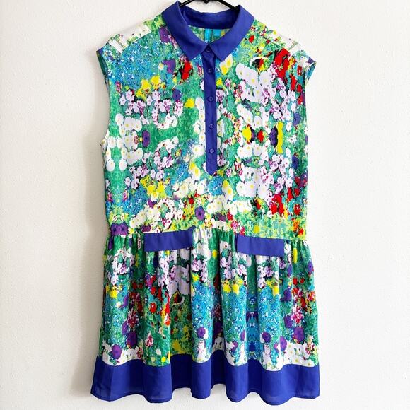 L'Amour Nanette Lepore Women's Sz L Watercolor Floral Sheer Mid Mod Swing Dress - Picture 1 of 13